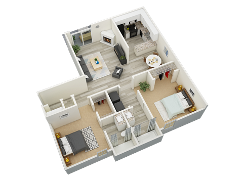 a spacious two bedroom apartment with two bathrooms and a living room with a fireplace and a balcony