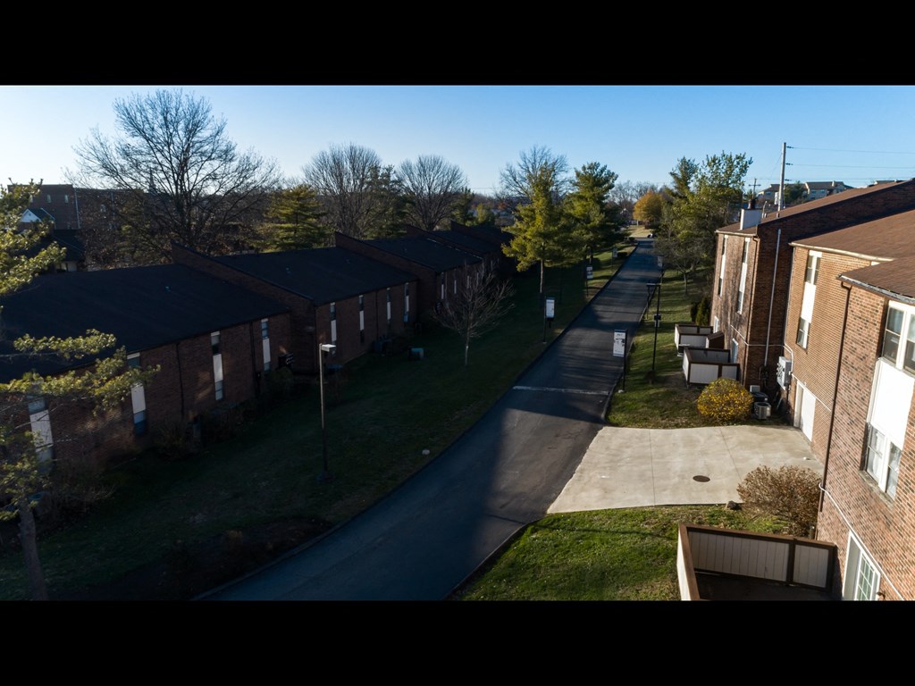 a view from the top of a building of a street with rows of houses on either side