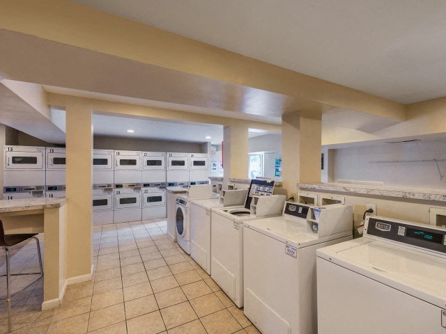a laundromat with rows of white washers and dryers
