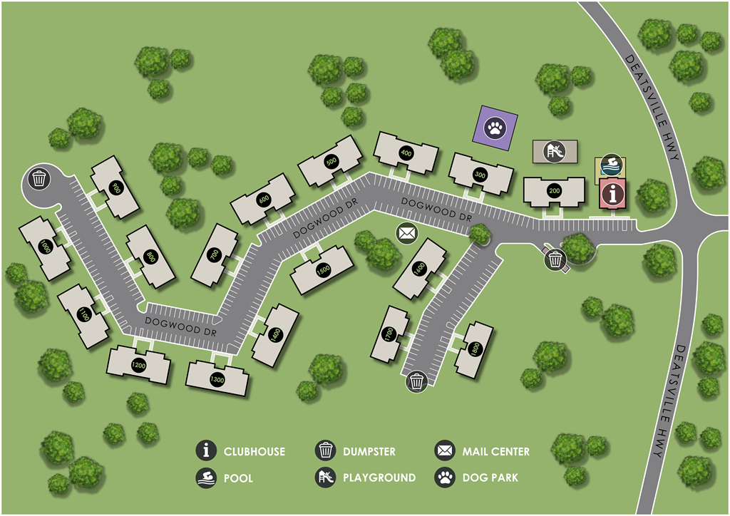 A map shows a layout of a residential area with a clubhouse, pool, and dog park.