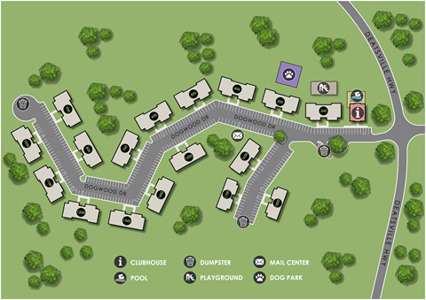 A map shows a layout of a residential area with a clubhouse, pool, and dog park.