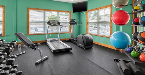 A gym with a treadmill, weights, and exercise balls.