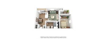 a stylized 3d floor plan with a bedroom and a living room