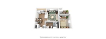 a stylized 3d floor plan with a bedroom and a living room