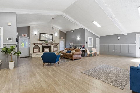 A living room with a blue chair and a grey rug.