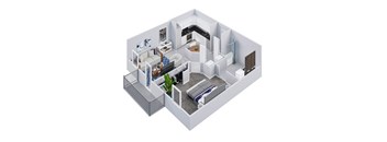 an open floor plan with a bedroom and living room on the first floor and a dining room