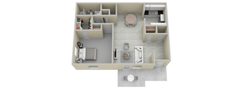 A 3D floor plan of a small apartment with a kitchen, living room, and bedroom.
