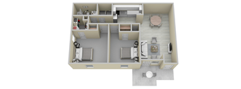 A 3D floor plan of a house with two bedrooms, a living room, a kitchen, and a bathroom.