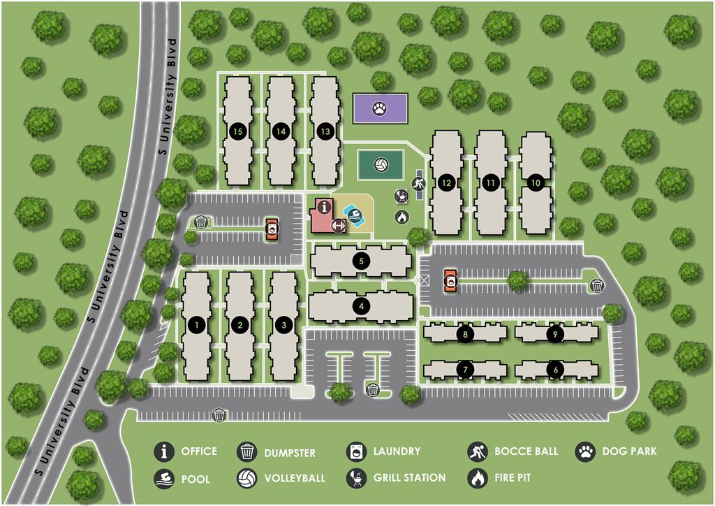A map of a park with a pool, volleyball court, and grill station.