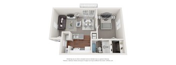 A 3D floor plan of a small apartment with a living room, kitchen, and bedroom.