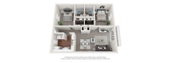 A 3D floor plan of a small apartment with a kitchen, living room, and bedroom.