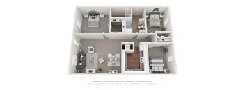 A 3D floor plan of a house with two bedrooms, a living room, a kitchen, and a bathroom.
