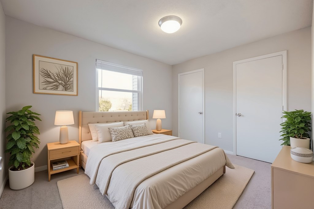 A bedroom with a large bed and two potted plants.