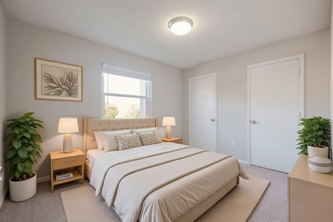 A bedroom with a large bed and two potted plants.