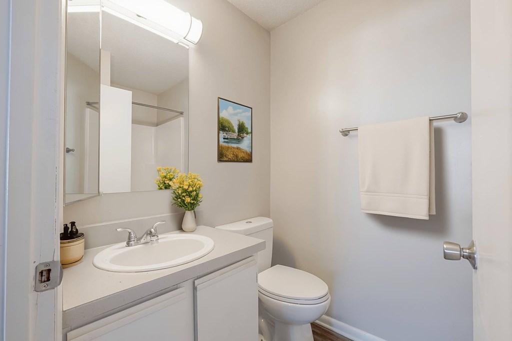 A white bathroom with a toilet, sink, and a mirror.