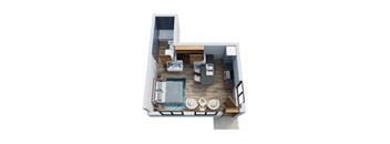 A top-down view of a modern, open-plan living space with a kitchen, dining area, and a lounge area with a sofa and chairs.