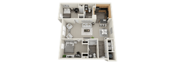 A 3D floor plan of a small apartment with two bedrooms, a living room, and a kitchen.