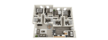 A 3D floor plan of a house with two bedrooms, a living room, a kitchen, and a bathroom.