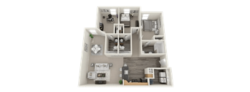 A detailed 3D floor plan of a house layout.