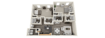 A detailed 3D floor plan of a two-bedroom apartment.