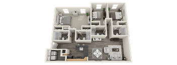 A 3D rendered image of a house layout.