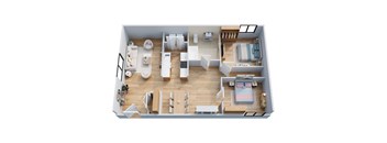 A top-down view of a small apartment with a bedroom, living room, and kitchen.