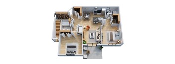 A 3D floor plan of a house showing a living room, kitchen, and bedrooms.