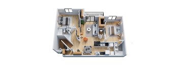 A 3D floor plan of a house with a kitchen, living room, and bathroom.