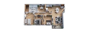 A top-down view of a well-organized apartment layout.