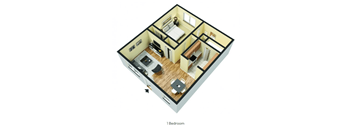 3d floor plan of a home with a bedroom and living room