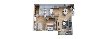 A top-down view of a modern apartment layout with a kitchen, living room, and dining area.