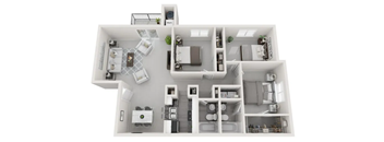 A top-down view of a modern apartment layout with a kitchen, living room, and bathroom.