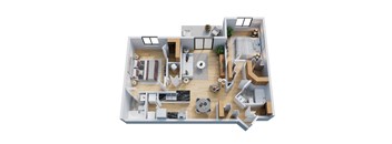 A top-down view of a house interior with a kitchen, living room, and bedrooms.