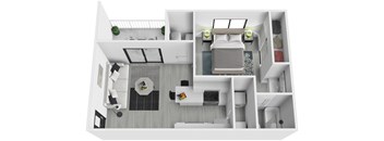 A top down view of a modern apartment with a kitchen, living room, and bathroom.