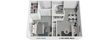 A top-down view of a modern apartment with a kitchen, living room, and bedroom.