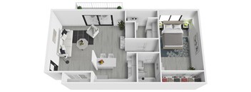 A 3D floor plan of a house with a kitchen, living room, and bedrooms.