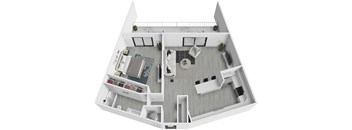A white model of a house with a kitchen, living room, and bathroom.