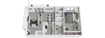 A 3D floor plan of a small apartment with a kitchen, living room, and bedroom.