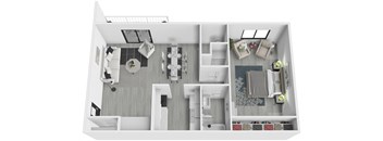 A top-down view of a house interior with a kitchen, living room, and bedrooms.