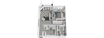 A white floor plan of a small apartment with a kitchen, living room, and bathroom.