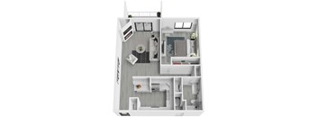 A white floor plan of a small apartment with a kitchen, living room, and bathroom.