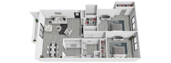 A 3D floor plan of a house showing the layout of the rooms.