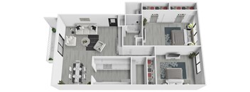 A top-down view of a modern, white-walled house with multiple rooms and furniture.