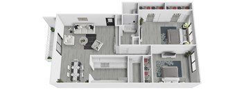 A top-down view of a modern, white-walled apartment with multiple rooms and furniture.