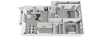 A top-down view of a modern, white-walled apartment with multiple rooms and furniture.