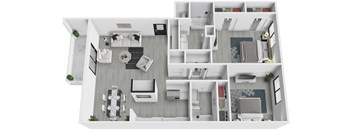 A 3D floor plan of a house with a living room, kitchen, dining room, and bedrooms.