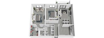 A top-down view of a house layout with a kitchen, living room, and bathroom.
