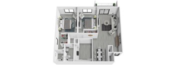 A white floor plan of a house with a kitchen, living room, and bathroom.