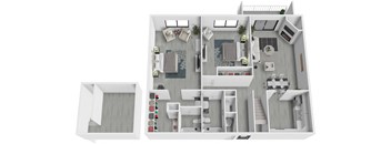 A 3D floor plan of a house with a kitchen, living room, and bathroom.