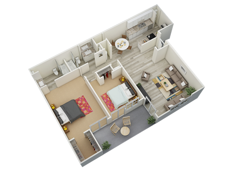 a 3d floor plan of a two bedroom apartment